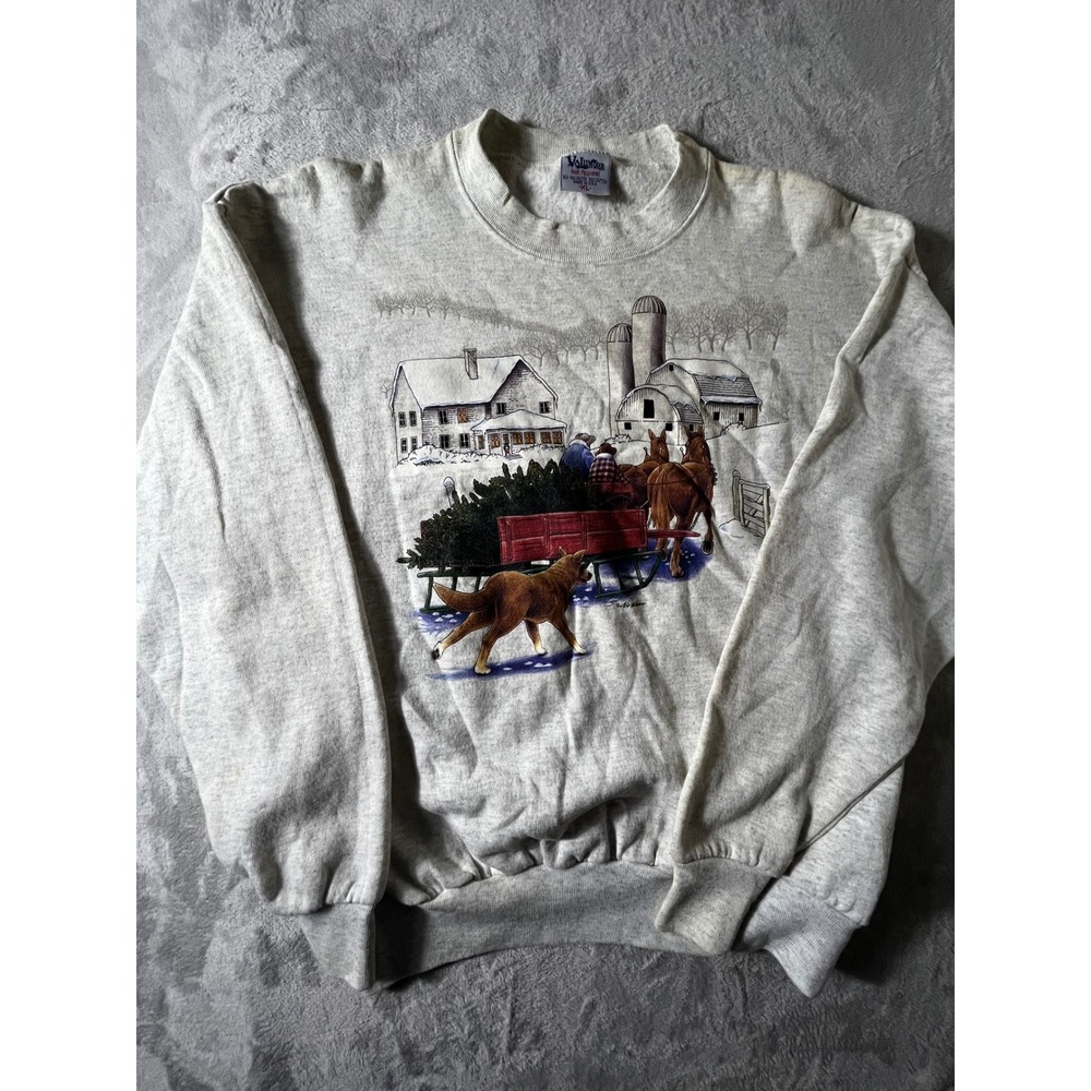 Vintage Volunteer Knit Apparel Winter Farm Sleigh Graphic Sweatshirt Gray XL